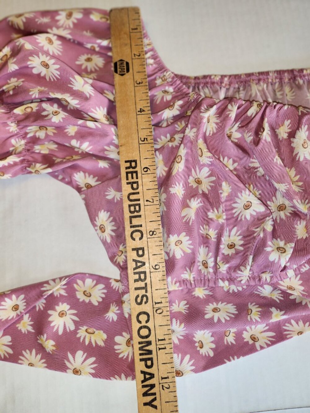 LYANER Pink Daisy Floral Y2K Milkmaid Crop Top Size L Puff Sleeve Ruched Bust - Picture 10 of 11